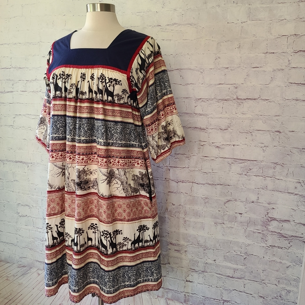 Vintage Navy, Red, Cream Printed Boho Dress